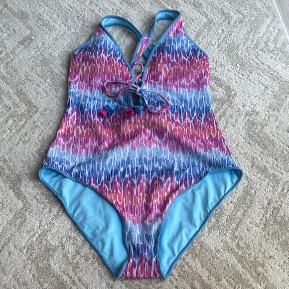 BECCA Pink and Blue One Piece Swimsuit with Halter Straps - Picture 1 of 5
